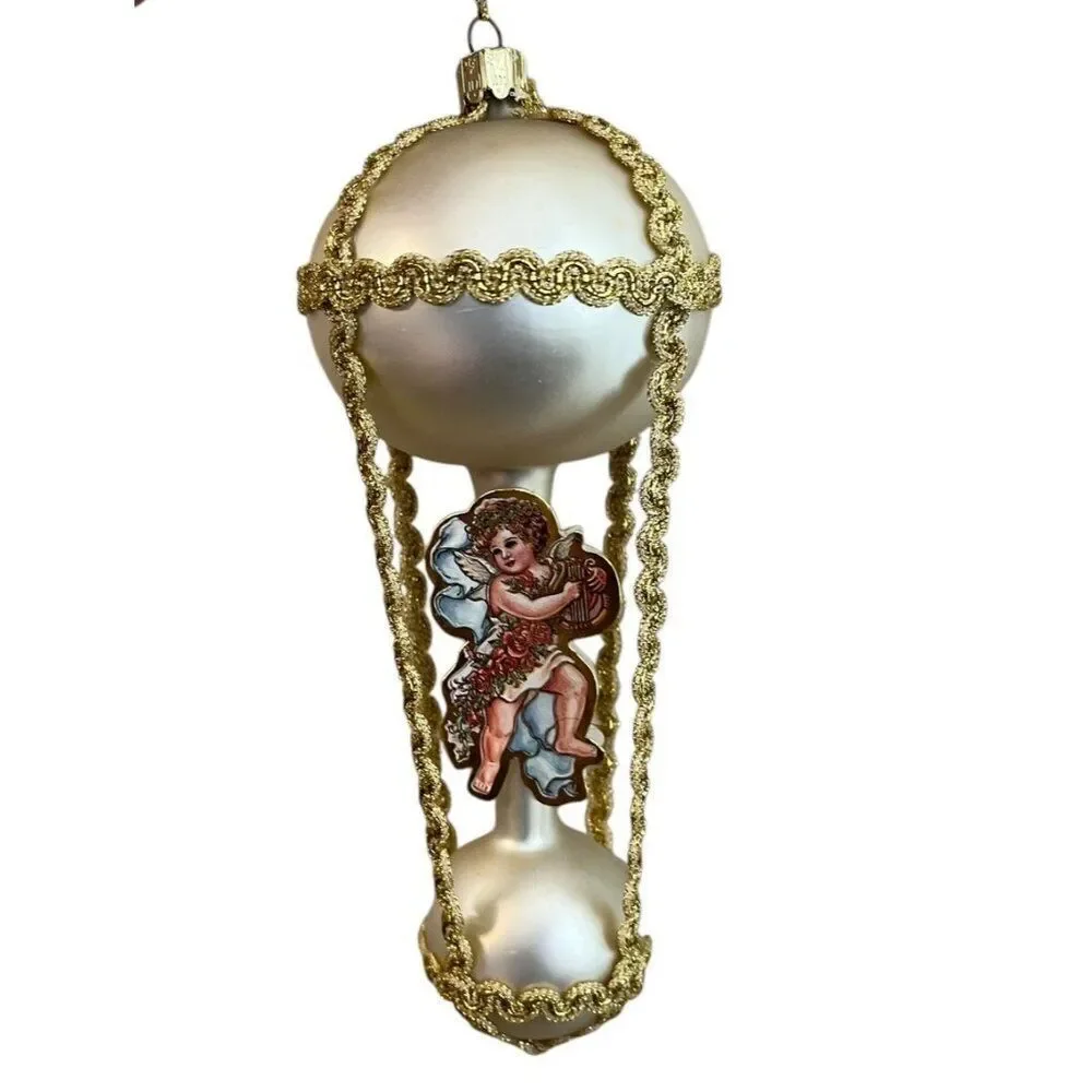 Hot Air Ballon Angel Playing Harp European Glass Christmas Tree Ornament